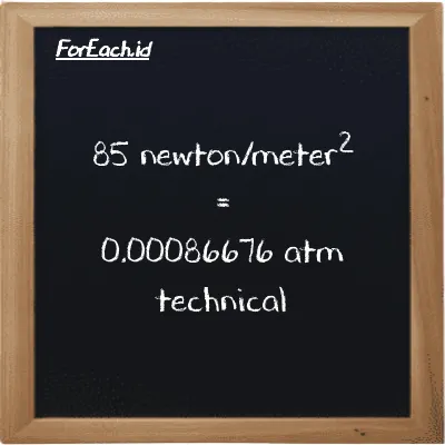 85 newton/meter<sup>2</sup> is equivalent to 0.00086676 atm technical (85 N/m<sup>2</sup> is equivalent to 0.00086676 at)